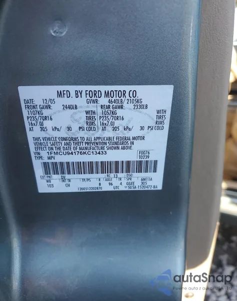 2006 Ford Escape Limited from USA, damaged, VIN 1FMCU94176KC13433